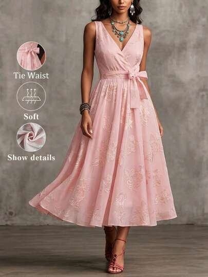 Velvienne V-Neck Elegant Romantic Chiffon Floral Print Dress, Suitable For Vacation And Commute, Fashionable High-End French Style