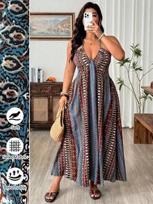 Weeklong Plus Size Women's Royal Blue Print V-Neck Tie-Up A-Line Dress, Spring/Summer Vacation Dress Vacation Vacation Boho - Multicolor - View 8