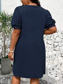 EMERY ROSE Women's Plus Size Short Sleeve Solid Color Waist-Defining Dress Casual Daily - Navy Blue - View 2