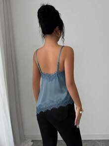 Rafferiza Women's Elegant French Lace Patchwork Asymmetric Hem Camisole - Dusty Blue - View 2