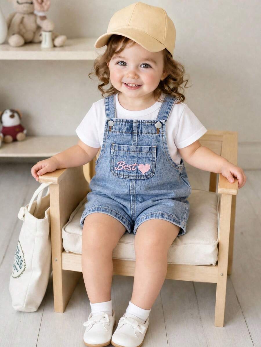 SHEIN Playful Pals 女嬰牛仔吊帶短褲,夏季新款休閒可愛趣味淺藍色牛仔鹽洗水工藝,愛心刺繡圖案,寬鬆直筒版型,舒適輕盈細棉牛仔布料柔軟,可搭配T恤,適合夏季度假、日常出遊、學校聚會,春夏熱銷女嬰休閒吊帶褲 - 淺色水洗藍 - 查看 1