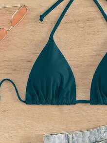 Swim Basics Women's Solid Color Halter Neck Tie Bikini Top For Beach Vacation - Teal Blue - View 6