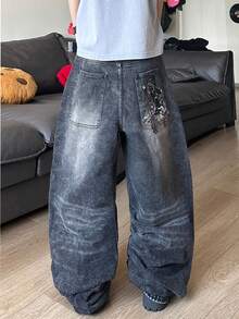 STEELVANCE Jeans de mezclilla casuales de pierna recta holgada y pierna ancha con diseño de bordado de bigotes de gato con tachuelas en el bolsillo trasero, estilo retro versátil y desgastado de estilo callejero - Negro - Ver 2