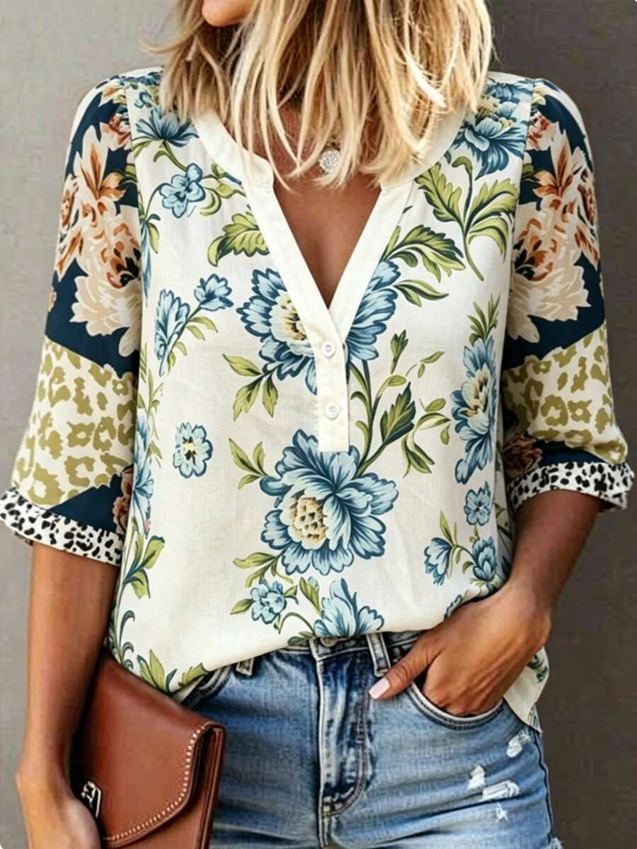 EMERY ROSE Plus Size Women's Retro Blue Floral Print Leopard Patchwork V-Neck Short Sleeve Blouse,White Summer Boho Flowy Vacation Ruffle Hem Loose Casual Shirt - Multicolor - View 1