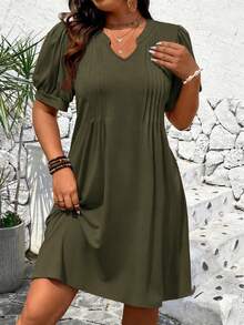 EMERY ROSE Plus Size Women's Solid Color Pleated Vacation Dress For Beach - Army Green - View 1