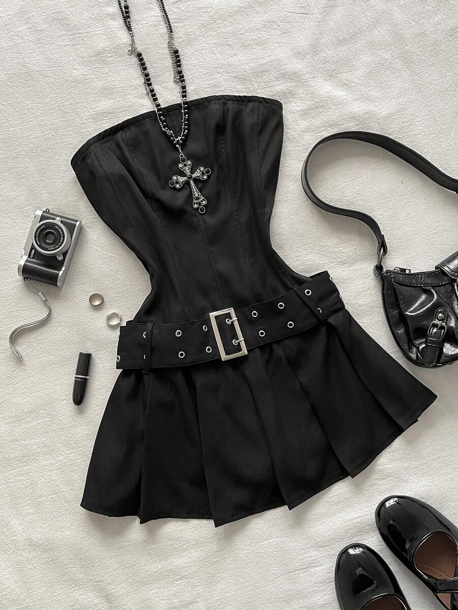 Attitoon Women's Solid Color Corn Buckle Design Fashionable Date Night Out Club Party Mini Bandeau Dress Black Summer Goth Sexy - Black - View 1
