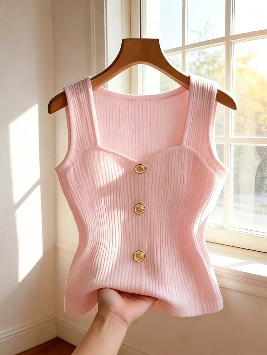 GlowEve CURVE Plus Size Sleeveless Round Neck Front Button Vest - Baby Pink - View 1