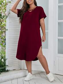 EMERY ROSE Plus Crisscross Front Curved Hem Tee Dress Maxi Women Outfit - Burgundy - View 4