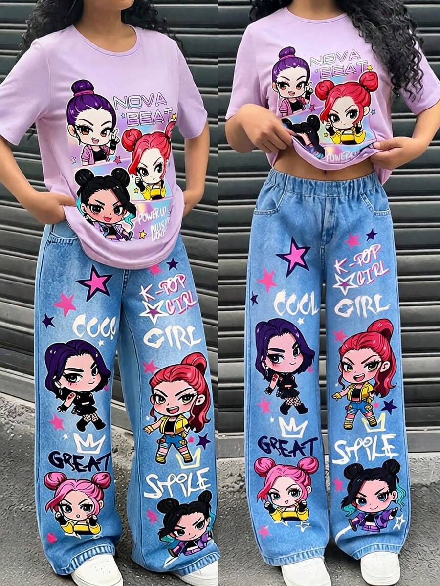 Genkimix Kids 少女组合风格套装,浅紫色短袖上衣搭配甜美少女风印花宽松长裤。面料柔软舒适,透气性佳,适合夏季穿着。阔腿涂鸦印花牛仔裤款式,增添街头潮流感,宽松版型方便日常活动。甜美与酷炫的碰撞,轻松打造夏日出行和校园造型。 - 紫色 - 查看 1