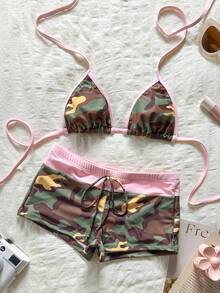 Swim Mod 女款比基尼泳衣，格紋圖案格子泳褲，波希米亞度假風，時尚海灘穿搭，美國國慶日穿搭，夏季海灘裝 - 彩色 - 查看 3