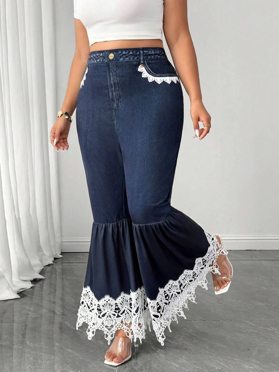 Elenzga Elegant Commuter Patchwork Denim Effect Exquisite Elegant Plus Size Women's Long Pants Fall - Navy Blue - View 1