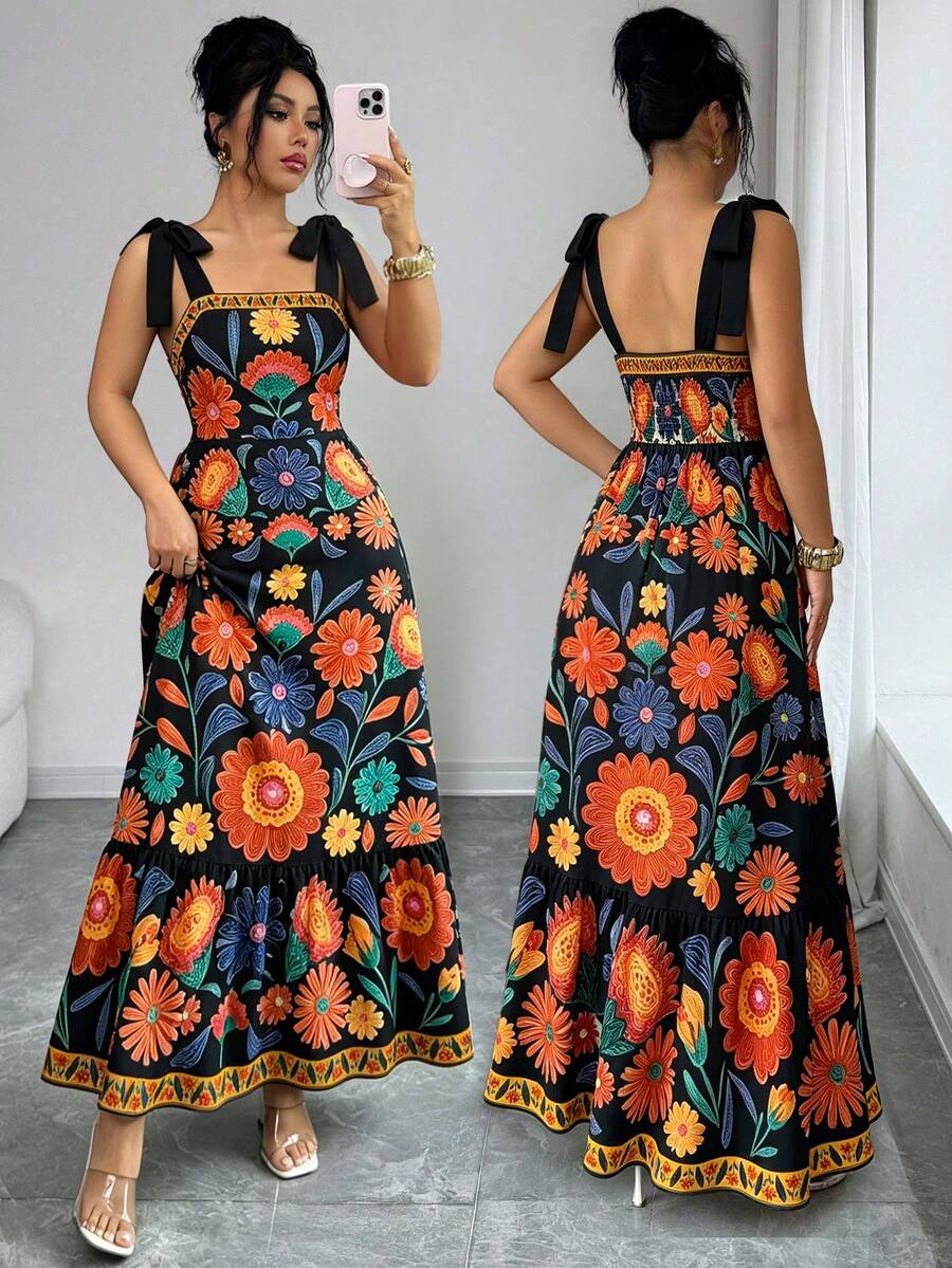 Elenzga Vestido de vacaciones para mujer con estampado floral y tirantes con nudo en los hombros - Negro - Ver 1