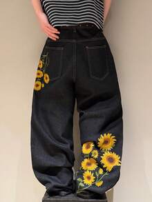 STEELVANCE Celana Jeans Denim Pria Model Saku Kancing Streetwear dengan Desain Bordir, Potongan Longgar dan Lebar - Hitam - View 2