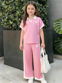 青少年女孩休閒百搭日常居家黑白對比滾邊圓領蝙蝠袖T恤＋直筒長褲針織套裝 - 彩色 - 查看 7