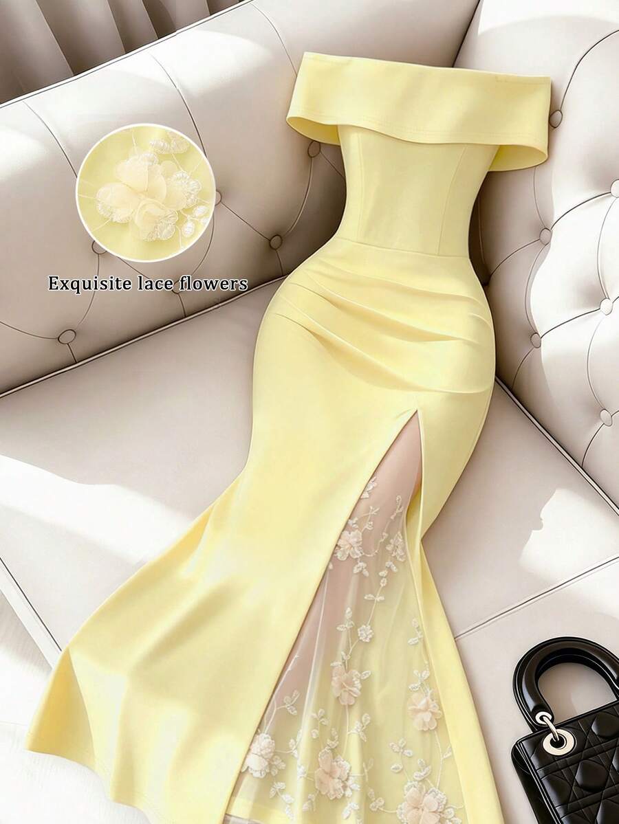 GlowEve Elegant Cream Yellow Off-Shoulder Evening Dress, Fitted Bodycon Lace Applique Mesh Slit Dress, Party Gown - Light Yellow - View 1