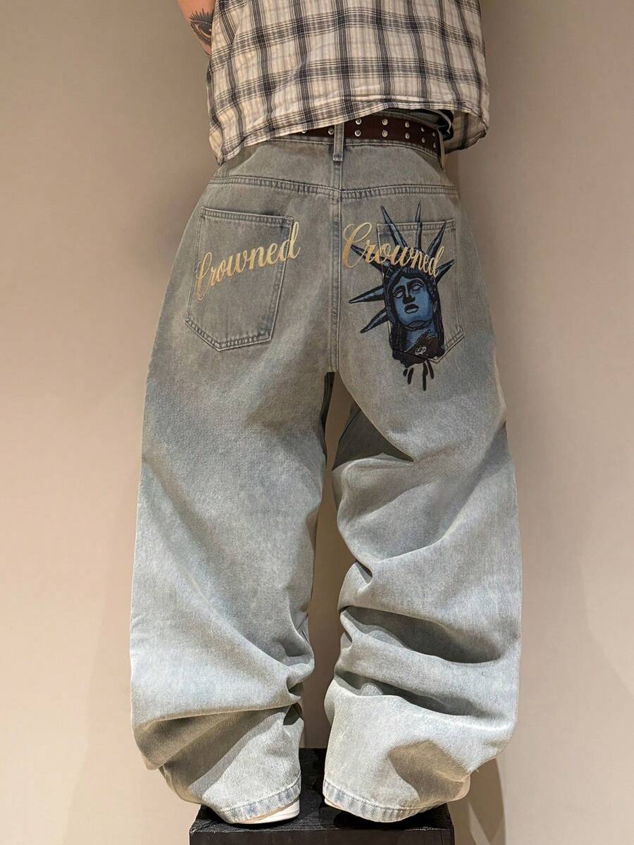 STEELVANCE Street Style Retro Fashion Versatile Distressed Studded Design Statue Of Liberty Letter Print Loose Straight Leg Wide Leg Casual Denim Jeans - Light Wash - View 1