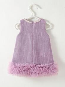 SHEIN Glamorique Kids 女嬰婚禮季花童優雅小蝴蝶結3D荷葉邊洋裝，適合宴會、派對、生日、度假、拍照、夏季 - 紫色 - 查看 3