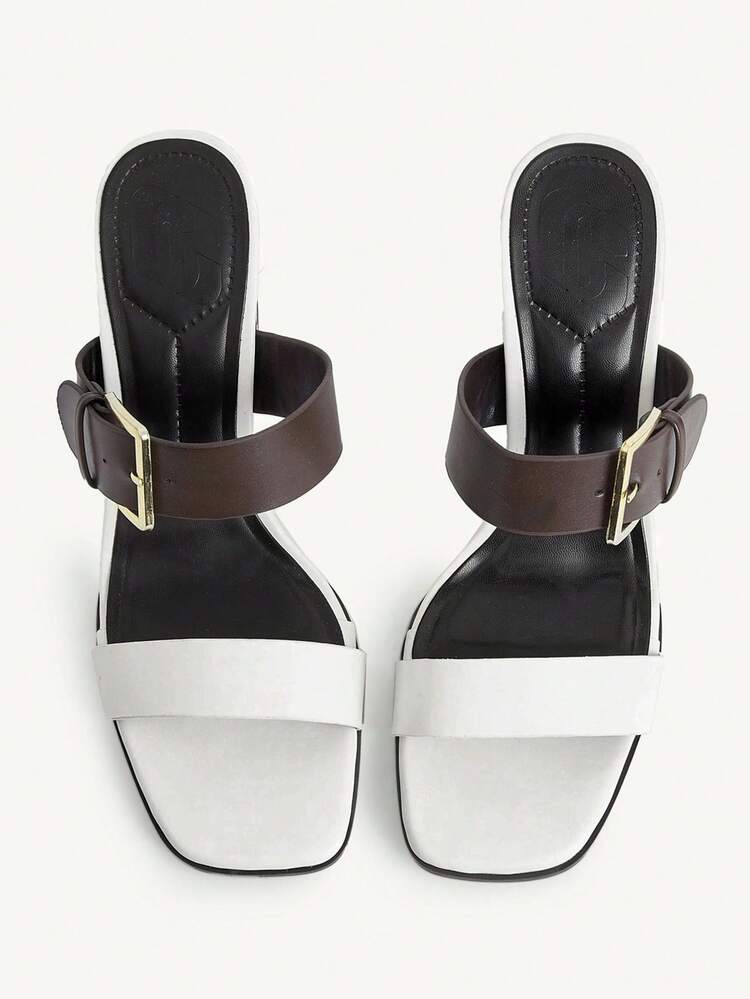 CUCCOO CHICEST Women Shoes Spring And Summer New Metal Square Buckle Color Matching Design Square Head Thick Heel Middle Heel Muller Drag, Retro Modern White And Brown Contrasting Colors, Commuting Dating Summer Wear