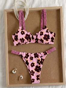 Elavelle Women's Summer Random Print Thick Strap Ruched High Cut Sexy Bikini Set - Multicolor - View 2