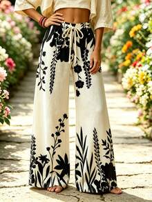 Selamara Quần ống rộng phong cách Bohemian màu kaki thêu họa tiết hoa cúc, cạp cao lưng thun co giãn, dáng suông bay bổng, phong cách vintage đồng quê cho mùa hè - Nhiều màu - Xem 3