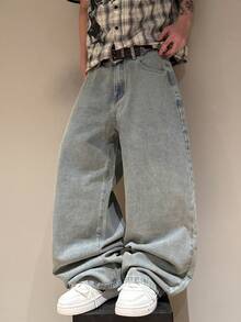 STEELVANCE Street Style Retro Fashion Versatile Distressed Studded Design Statue Of Liberty Letter Print Loose Straight Leg Wide Leg Casual Denim Jeans - Light Wash - View 3