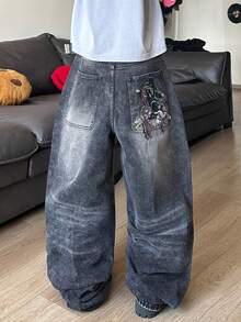 STEELVANCE Jeans de mezclilla casuales de pierna recta holgada y pierna ancha con diseño de bordado de bigotes de gato con tachuelas en el bolsillo trasero, estilo retro versátil y desgastado de estilo callejero - Negro - Ver 6
