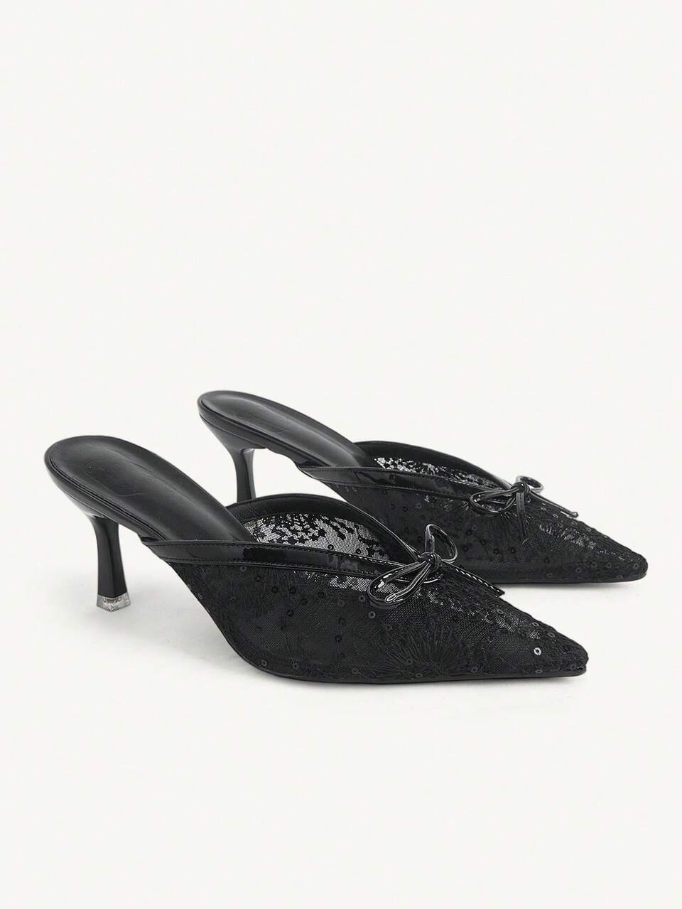 CUCCOO CHICEST Black Pointed Thin Heel Hollow Mesh Back Empty Slippers Fashionable And Elegant Party Commuter Women's High-Heeled Shoes