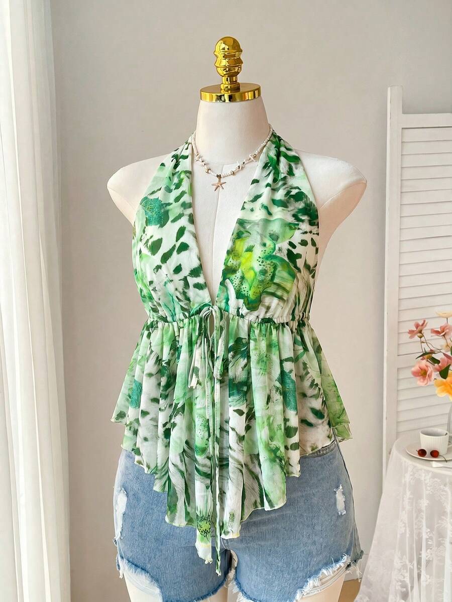 Comfortcana Top de mujer talla grande con cuello halter, lazo, volantes y corte en A, estampado de leopardo y patrón floral tropical, primavera/verano - Verde - Ver 1