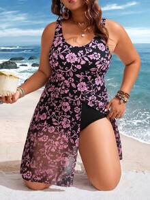 Swim Lushoire Plus Size Women Prints Contrast Mesh One-Piece Swimsuit Dress For Summer Beach Vacation - Black - View 5