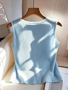 GlowEve CURVE Plus Size Sleeveless Round Neck Front Button Vest - Baby Blue - View 2