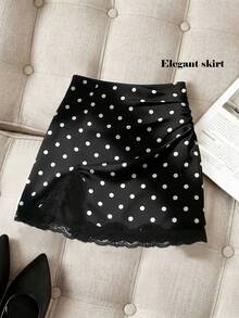 Franclia Women's Black And White Polka Dot High-Waisted Mini Skirt,Ruched Lace Trim,Summer Elegent Date Vacation Outfit,Office Work Casual Commuter Wear Skirt - Black - View 1
