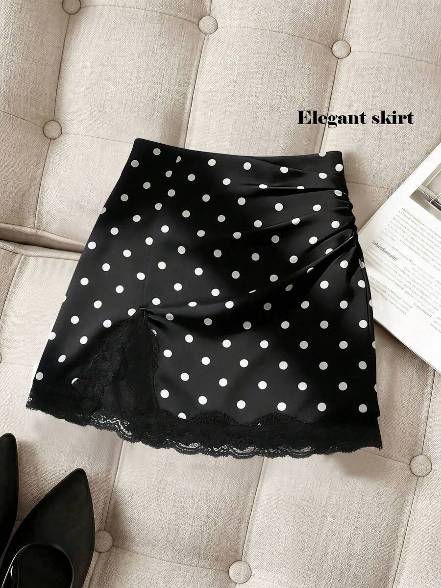 Franclia Women's Black And White Polka Dot High-Waisted Mini Skirt,Ruched Lace Trim,Summer Elegent Date Vacation Outfit,Office Work Casual Commuter Wear Skirt - Black - View 1