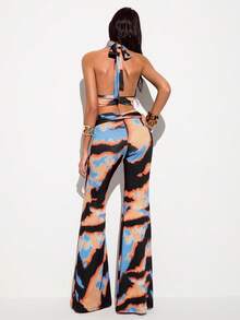 Barévion Women's Contrast Color Pleated Halter Top And Long Pants Casual Sexy Daily Two Pieces Set Music Vacation Orange And Black Summer - Multicolor - View 3