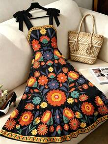 Elenzga Vestido de vacaciones para mujer con estampado floral y tirantes con nudo en los hombros - Negro - Ver 7