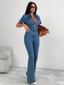 SHEIN 鈕扣前開中藍色水洗休閒時尚風格彈性舒適牛仔連身褲高個尺寸 - 中等水洗藍 - 查看 1