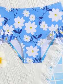2pcs/Set Young Girl' Blue Floral Print Comfortable Knit Ruffled Swimwear Set, Suitable For Beach, Pool, Vacation, Summer, Travel - Multicolor - View 3