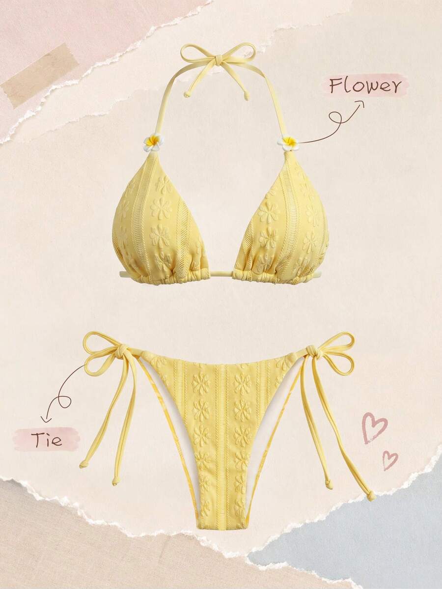 Elavelle Women's Spring/Summer Jacquard Fabric Halter Neck 3D Floral Decor Bikini Set Beach Party Yellow Cute Sexy - Yellow - View 1