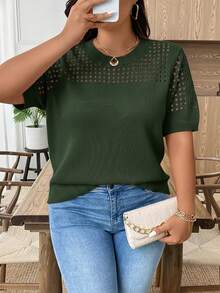 EMERY ROSE Plus Size Casual Hollow Out Round Neck Short Sleeve Top Going Out Tops - Dark Green - View 4