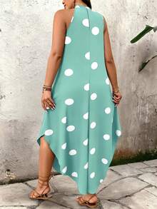 Breezaya Women's Plus Size Summer Zipper Neck Sleeveless Polka Dot Casual Elegant Dress - Green - View 2