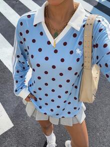 Muchica 女士休闲浅黄色Polo衫，搭配撞色棕色领子和条纹袖子。马匹印花增添复古、学院风、经典、时尚、青春和街头潮流气息。面料顺滑舒适，是秋季的理想之选。 - 彩色 - 查看 5
