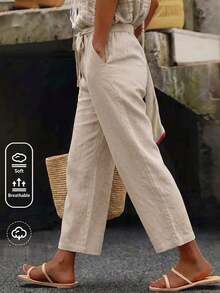 SHEIN LUNE CURVE Plus Size Woven Casual Straight-Leg Autumn Women's Pants Vacation Beige - Apricot - View 3
