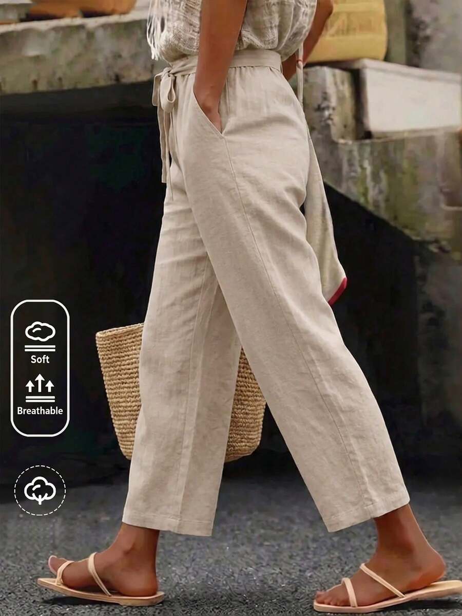 SHEIN LUNE CURVE Plus Size Woven Casual Straight-Leg Autumn Women's Pants Vacation Beige - Apricot - View 1