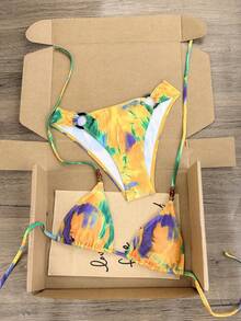 Swim Vcay 2026春夏黃藍綠紮染掛脖式復古木珠裝飾度假風高衩黑色環形鏤空設計適合海灘度假性感女款比基尼 - 黃色 - 查看 3