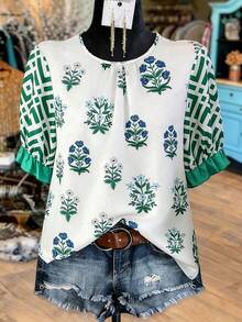 Linhara Blusa de cuello redondo con volantes en los puños y estampado floral para mujer de talla grande - Multicolor - Ver 1