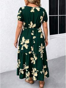 EMERY ROSE Vestido Maxi de Talla Grande con Cuello Cuadrado, Manga Corta, Estampado y Bajo con Volantes para Mujer - Verde Oscuro - Ver 2