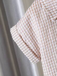 SHEIN Elladie kids 女童小格紋翻領鈕扣休閒襯衫上衣與直筒長褲2件組，適合日常休閒出遊與上學 - 卡其色 - 查看 3
