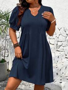 EMERY ROSE Women's Plus Size Short Sleeve Solid Color Waist-Defining Dress Casual Daily - Navy Blue - View 1