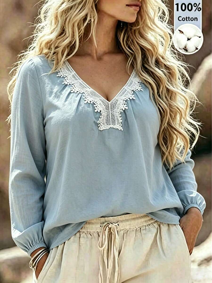Linhara CURVE Damen-Top in großen Größen, lässig, Boho, mit V-Ausschnitt, Spitzen-Patchwork, einfarbig, für Herbst, Brunch, Party, Urlaub und formelle Anlässe, staubiges Blau - Babyblau - Übersicht 1