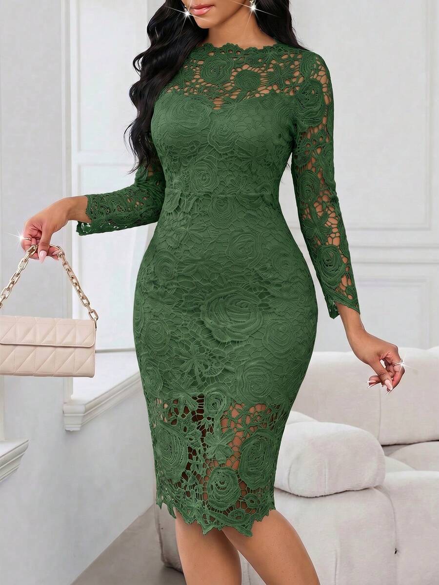 SHEIN Lady 女士纯色长袖蕾丝修身优雅时尚连衣裙 - 墨綠色 - 查看 1