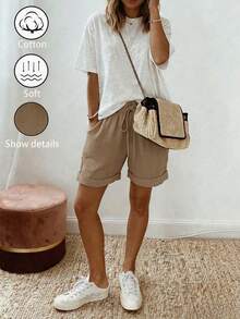 SHEIN Holidaya 女款夏季亞麻度假休閒風卡其色抽繩捲邊短褲，亞麻紋理面料，彈性腰抽繩設計與捲邊細節，兼具隨性舒適與俐落優雅，適合日常出遊、度假或輕便休閒場合，休閒抽繩短褲、卡其優雅長褲與寬鬆顯瘦褲類中的百搭單品 - 卡其色 - 查看 3